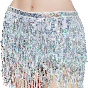 Belly Dance Hip Scarf Sequin Tassel Skirt Wrap Sparkly Rave Costume for Women
